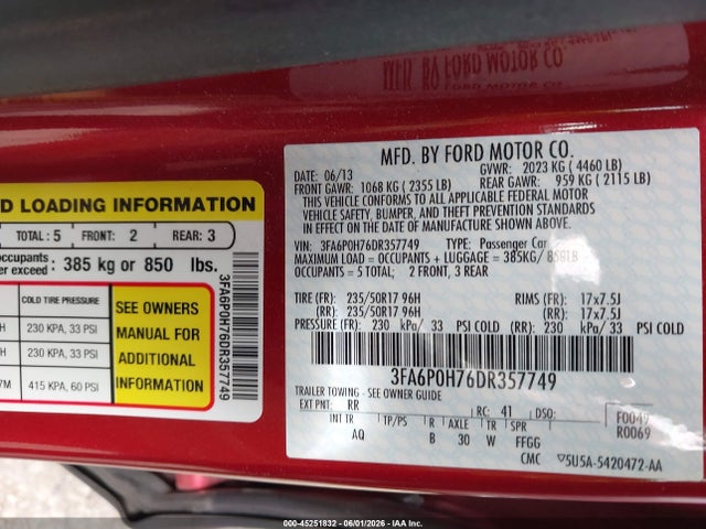Aukcja sprzedaży 2013 Ford Fusion Se, vin: 3FA6P0H76DR357749, numer aukcji: 45251832