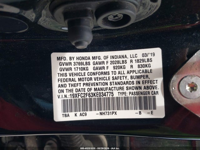 Honda Civic Lx 2019 19XFC2F63KE034775 Image 9