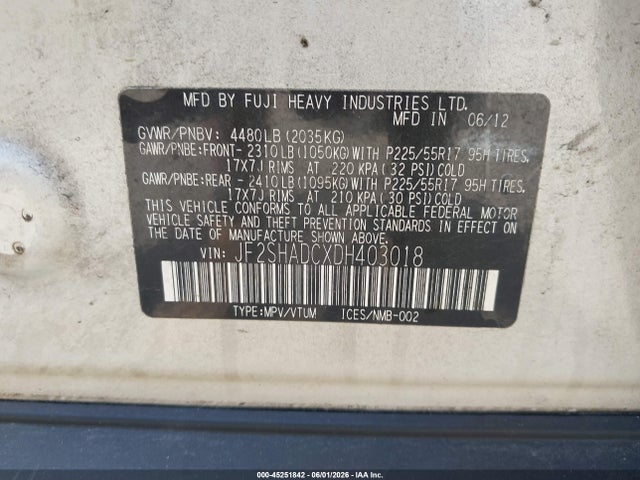 45251842 :رقم المزاد ، JF2SHADCXDH403018 vin ، 2013 Subaru Forester 2.5x Premium مزاد بيع