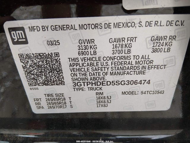 45251846 :رقم المزاد ، 3GTPHDED5SG306474 vin ، 2025 Gmc Sierra 1500 2wd  Short Box Slt مزاد بيع