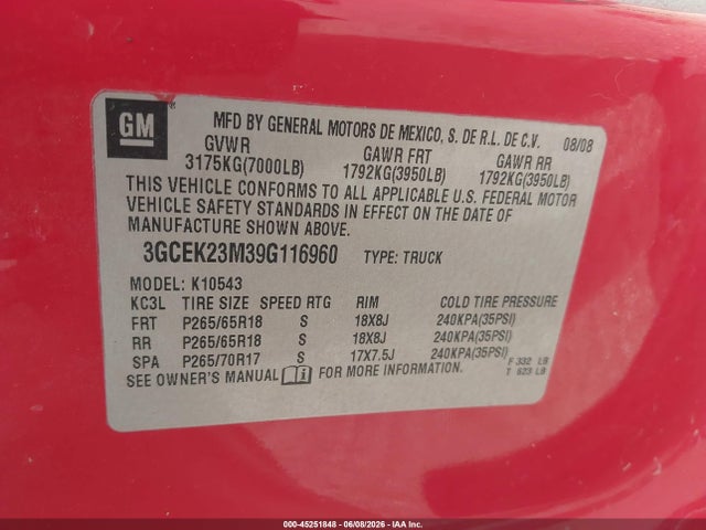 Aukcja sprzedaży 2009 Chevrolet Silverado 1500 Lt, vin: 3GCEK23M39G116960, numer aukcji: 45251848