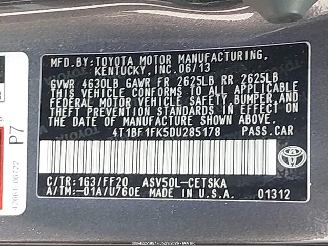 Aukcja sprzedaży 2013 Toyota Camry Se, vin: 4T1BF1FK5DU285178, numer aukcji: 45251857