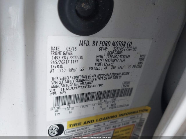 45251858 :رقم المزاد ، 1FMJU1FTXFEF41192 vin ، 2015 Ford Expedition Xl مزاد بيع