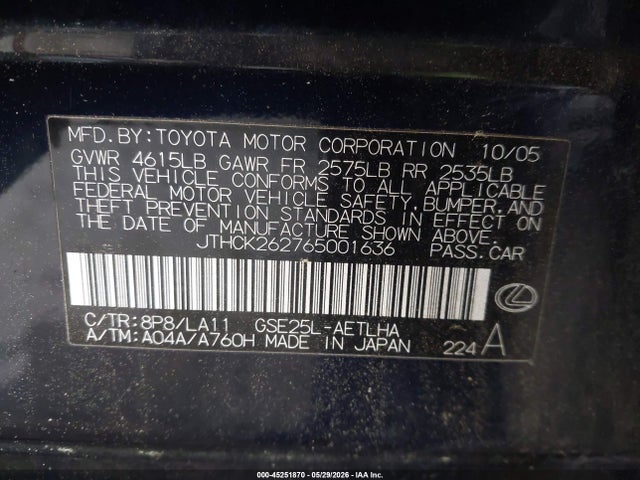 45251870 :رقم المزاد ، JTHCK262765001636 vin ، 2006 Lexus Is 250 مزاد بيع