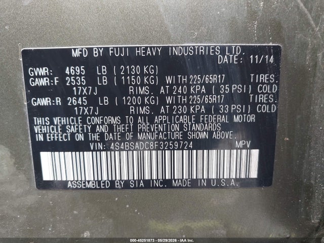 Aukcja sprzedaży 2015 Subaru Outback 2.5i Premium, vin: 4S4BSADC8F3259724, numer aukcji: 45251873