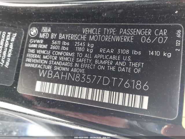 Продаж на аукціоні авто 2007 Bmw 750li, vin: WBAHN83577DT76186, номер лоту: 45251880