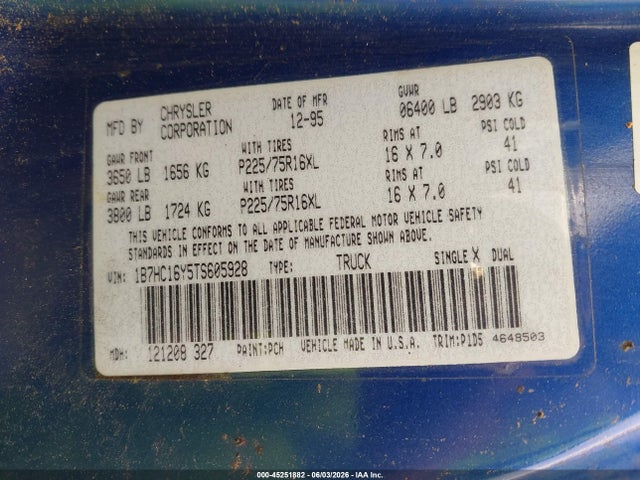 Aukcja sprzedaży 1996 Dodge Ram 1500, vin: 1B7HC16Y5TS605928, numer aukcji: 45251882