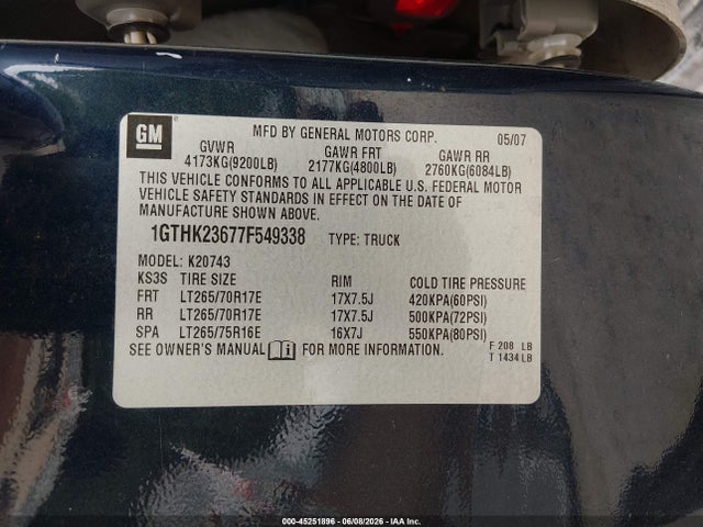 45251896 :رقم المزاد ، 1GTHK23677F549338 vin ، 2007 Gmc Sierra 2500hd Slt مزاد بيع