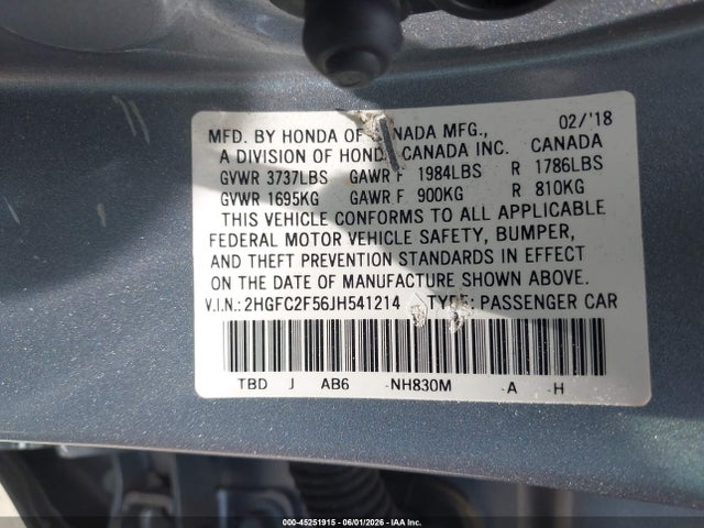 Aukcja sprzedaży 2018 Honda Civic Lx, vin: 2HGFC2F56JH541214, numer aukcji: 45251915