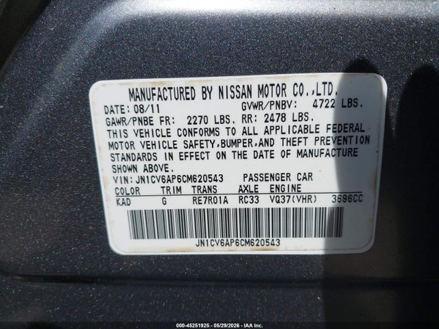 45251925 :رقم المزاد ، JN1CV6AP6CM620543 vin ، 2012 Infiniti G37 Journey مزاد بيع