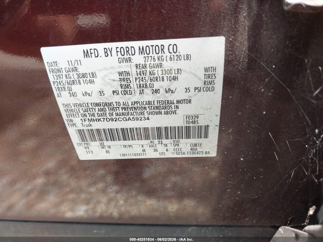 45251934 :رقم المزاد ، 1FMHK7D92CGA59234 vin ، 2012 Ford Explorer Xlt مزاد بيع