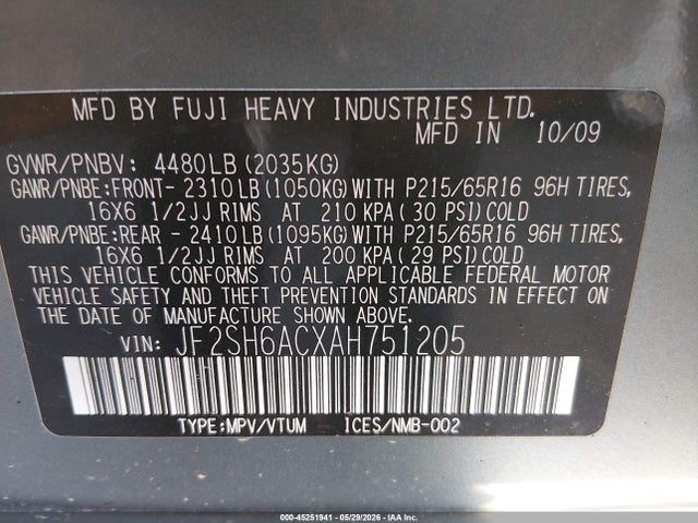 Продажа на аукционе авто 2010 Subaru Forester 2.5x, vin: JF2SH6ACXAH751205, номер лота: 45251941