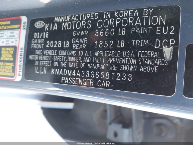 2016 Kia Rio Lx მანქანა იყიდება აუქციონზე, vin: KNADM4A33G6681233, აუქციონის ნომერი: 45251948