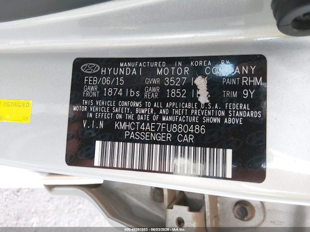45251953 :رقم المزاد ، KMHCT4AE7FU880486 vin ، 2015 Hyundai Accent Gls مزاد بيع
