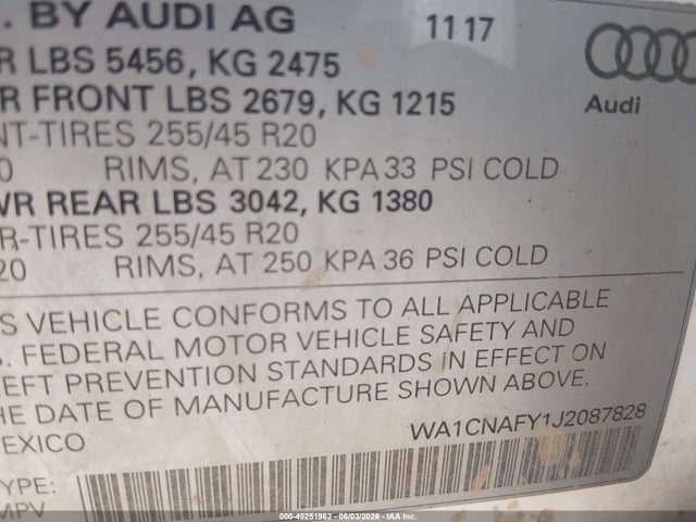 45251962 :رقم المزاد ، WA1CNAFY1J2087828 vin ، 2018 Audi Q5 2.0t Premium/2.0t Tech Premium مزاد بيع