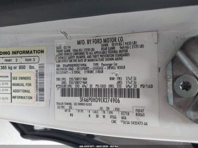 Aukcja sprzedaży 2014 Ford Fusion Se, vin: 3FA6P0HD9ER274906, numer aukcji: 45251971