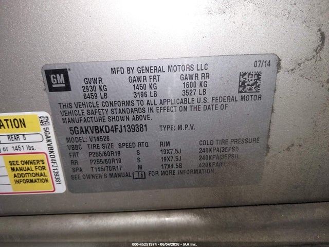 Aukcja sprzedaży 2015 Buick Enclave Leather, vin: 5GAKVBKD4FJ139381, numer aukcji: 45251974
