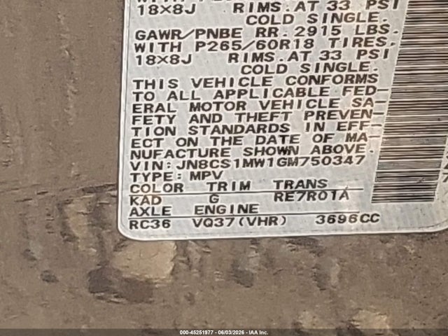 Продаж на аукціоні авто 2016 Infiniti Qx70, vin: JN8CS1MW1GM750347, номер лоту: 45251977