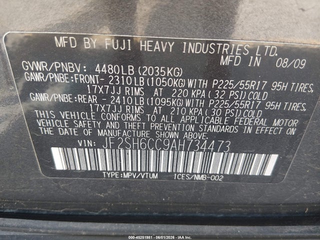 2010 Subaru Forester 2.5x Premium მანქანა იყიდება აუქციონზე, vin: JF2SH6CC9AH734473, აუქციონის ნომერი: 45251981