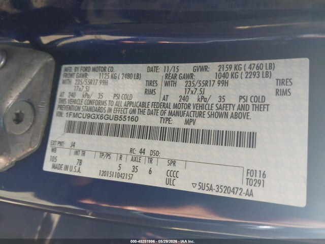 Продажа на аукционе авто 2016 Ford Escape Se, vin: 1FMCU9GX6GUB55160, номер лота: 45251996