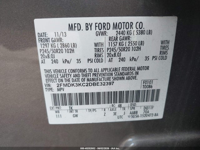 2013 Ford Edge Limited მანქანა იყიდება აუქციონზე, vin: 2FMDK3KC2DBE32397, აუქციონის ნომერი: 45252002