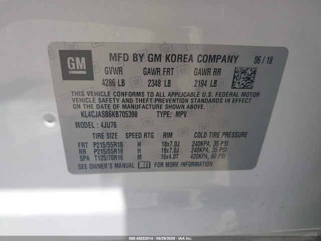 2019 Buick Encore Fwd Preferred მანქანა იყიდება აუქციონზე, vin: KL4CJASB6KB705398, აუქციონის ნომერი: 45252014