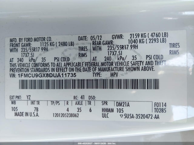 Aukcja sprzedaży 2013 Ford Escape Se, vin: 1FMCU9GX8DUA11735, numer aukcji: 45252027