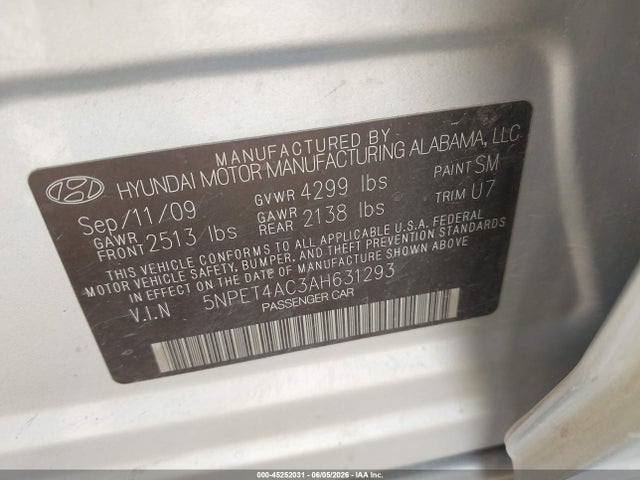 Aukcja sprzedaży 2010 Hyundai Sonata Gls, vin: 5NPET4AC3AH631293, numer aukcji: 45252031