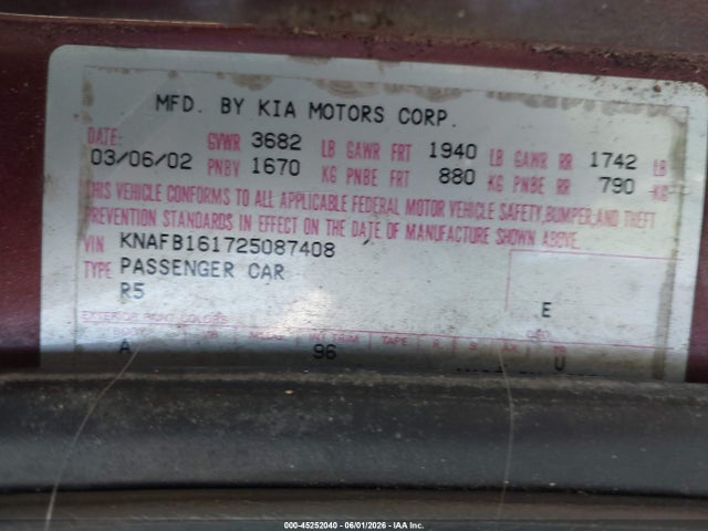 Aukcja sprzedaży 2002 Kia Spectra Gs/gsx, vin: KNAFB161725087408, numer aukcji: 45252040