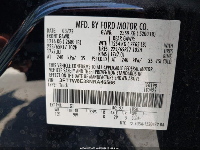 45252070 :رقم المزاد ، 3FTTW8E38NRA46566 vin ، 2022 Ford Maverick Xl مزاد بيع