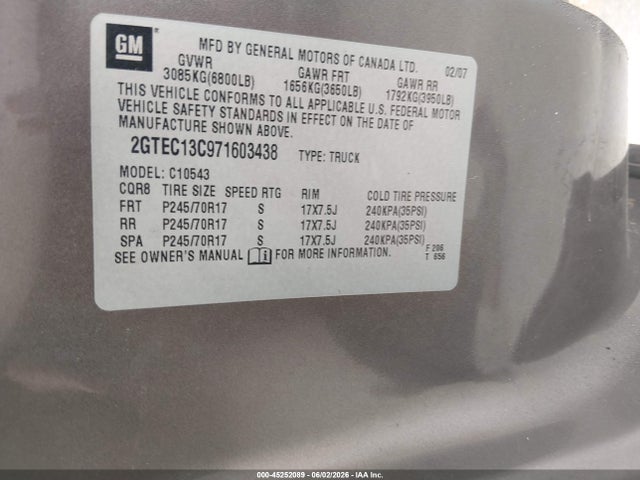 Продаж на аукціоні авто 2007 Gmc Sierra 1500 Sle1, vin: 2GTEC13C971603438, номер лоту: 45252089