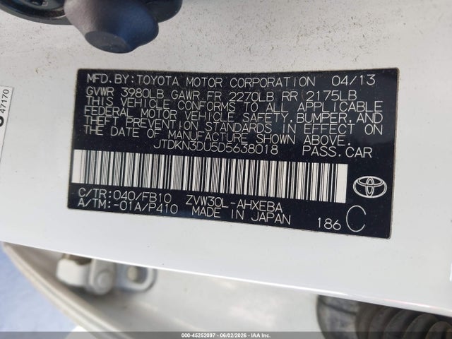 45252097 :رقم المزاد ، JTDKN3DU5D5638018 vin ، 2013 Toyota Prius Two مزاد بيع