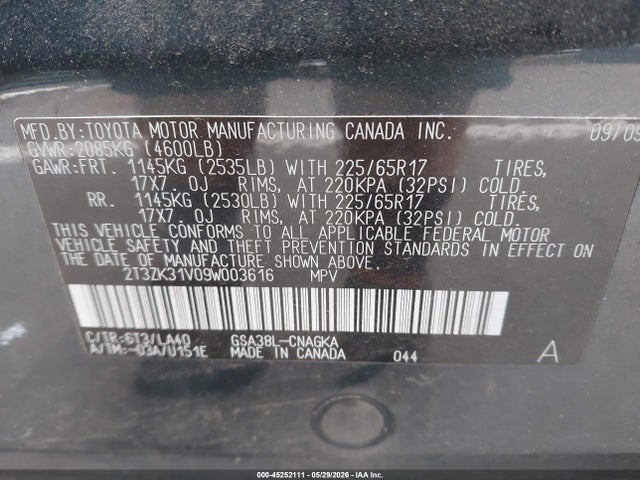 2009 Toyota Rav4 Limited V6 მანქანა იყიდება აუქციონზე, vin: 2T3ZK31V09W003616, აუქციონის ნომერი: 45252111