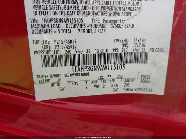 Продаж на аукціоні авто 2010 Ford Focus Ses, vin: 1FAHP3GN9AW115105, номер лоту: 45252115