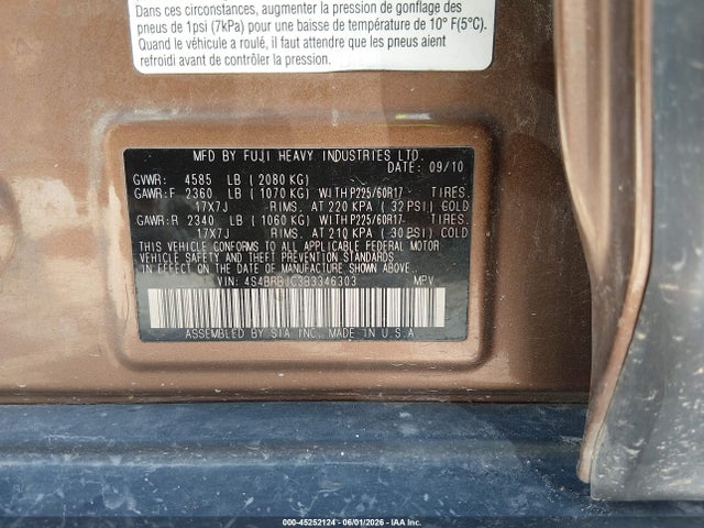 2011 Subaru Outback 2.5i Limited მანქანა იყიდება აუქციონზე, vin: 4S4BRBJC3B3346303, აუქციონის ნომერი: 45252124