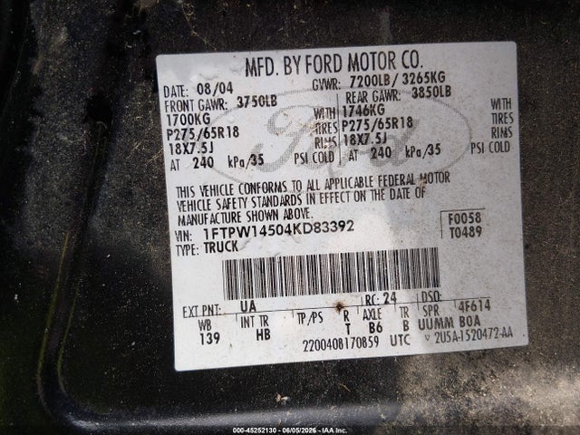 Продаж на аукціоні авто 2004 Ford F-150 Fx4/lariat/xlt, vin: 1FTPW14504KD83392, номер лоту: 45252130