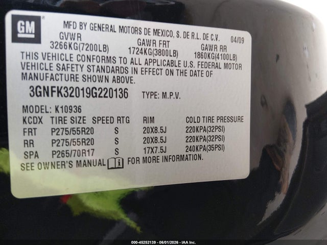 Продаж на аукціоні авто 2009 Chevrolet Avalanche 1500 Ltz, vin: 3GNFK32019G220136, номер лоту: 45252139