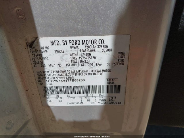 Продажа на аукционе авто 2007 Ford F-150 Fx4/lariat/xlt, vin: 1FTPW14V17FB68200, номер лота: 45252155