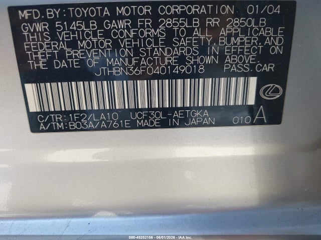 Продаж на аукціоні авто 2004 Lexus Ls 430, vin: JTHBN36F040149018, номер лоту: 45252156