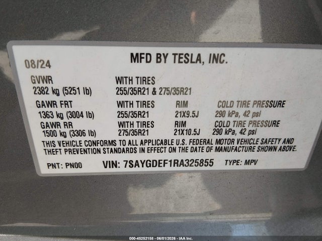 Aukcja sprzedaży 2024 Tesla Model Y Performance Dual Motor All-wheel Drive, vin: 7SAYGDEF1RA325855, numer aukcji: 45252158