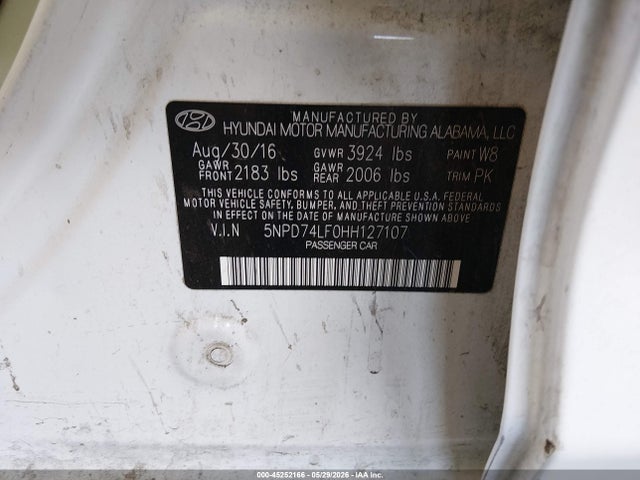 Aukcja sprzedaży 2017 Hyundai Elantra Se, vin: 5NPD74LF0HH127107, numer aukcji: 45252166