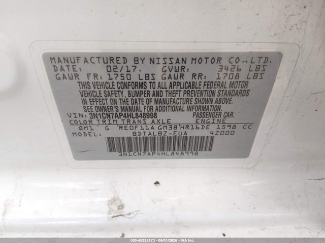 Продажа на аукционе авто 2017 Nissan Versa 1.6 Sv, vin: 3N1CN7AP4HL848998, номер лота: 45252173