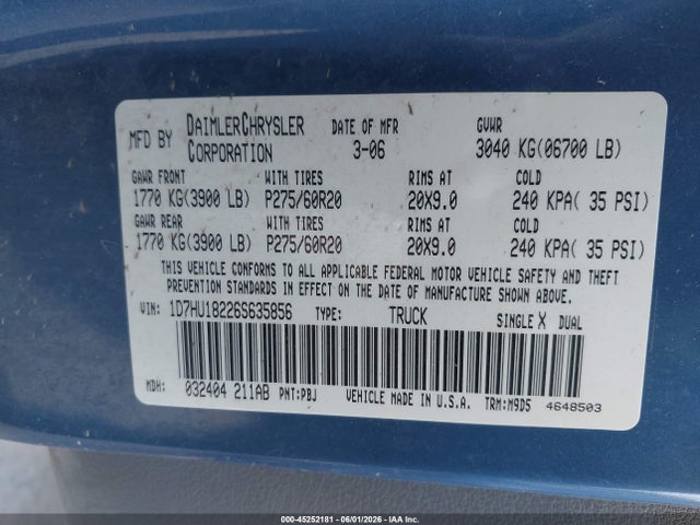 Продаж на аукціоні авто 2006 Dodge Ram 1500 Slt/trx4 Off Road/sport, vin: 1D7HU18226S635856, номер лоту: 45252181