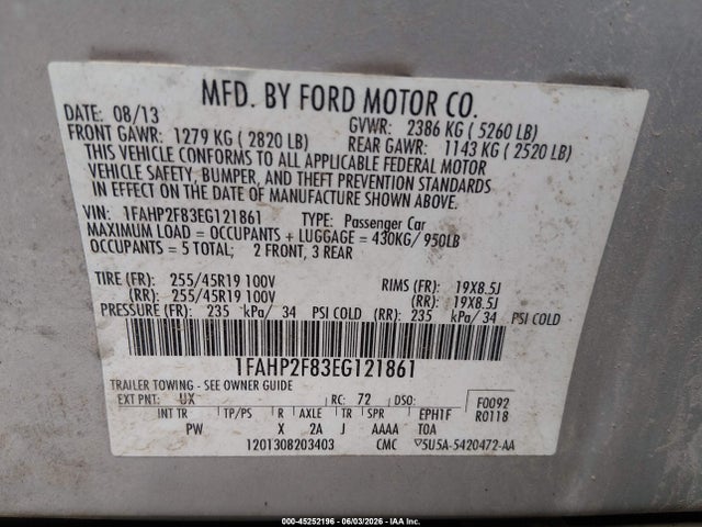 45252196 :رقم المزاد ، 1FAHP2F83EG121861 vin ، 2014 Ford Taurus Limited مزاد بيع