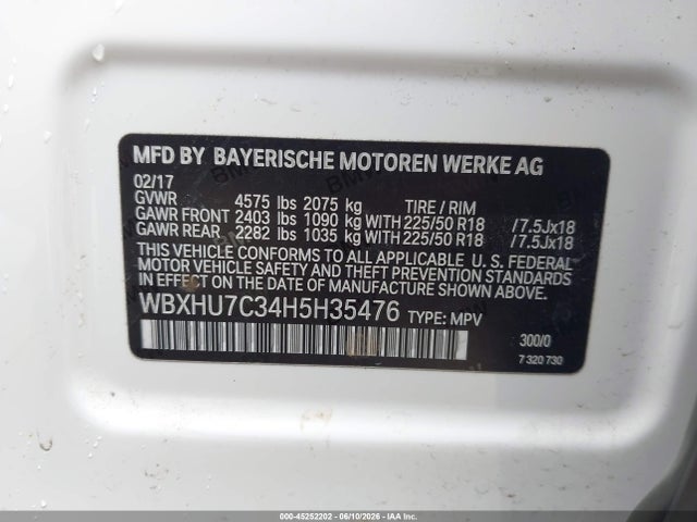 45252202 :رقم المزاد ، WBXHU7C34H5H35476 vin ، 2017 Bmw X1 Sdrive28i مزاد بيع