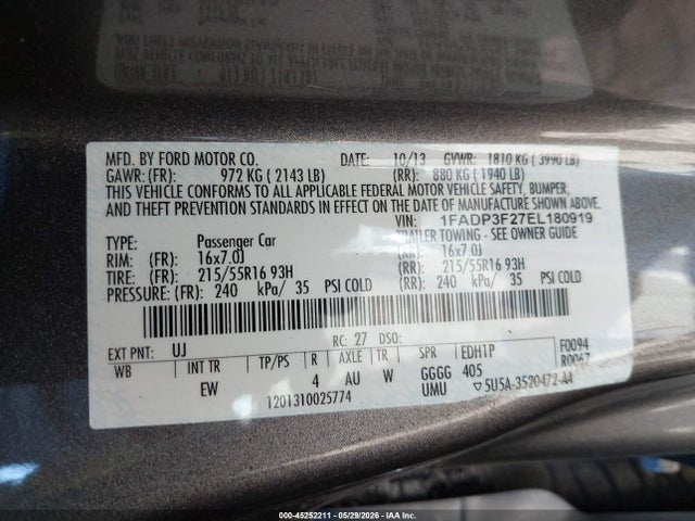 Продаж на аукціоні авто 2014 Ford Focus Se, vin: 1FADP3F27EL180919, номер лоту: 45252211