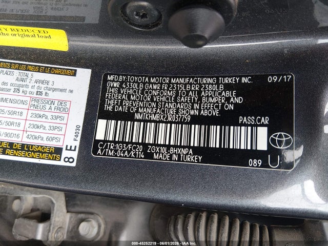 2018 Toyota C-hr Xle მანქანა იყიდება აუქციონზე, vin: NMTKHMBX2JR037759, აუქციონის ნომერი: 45252219