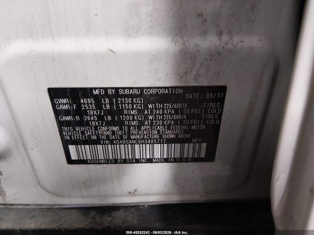 45252242 :رقم المزاد ، 4S4BSANC6H3405717 vin ، 2017 Subaru Outback 2.5i Limited مزاد بيع