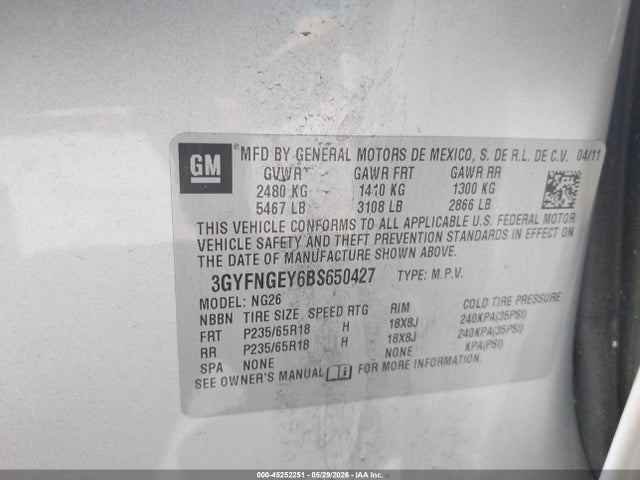 2011 Cadillac Srx Standard მანქანა იყიდება აუქციონზე, vin: 3GYFNGEY6BS650427, აუქციონის ნომერი: 45252251