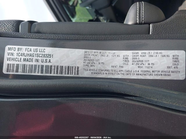 Aukcja sprzedaży 2025 Jeep Grand Cherokee Altitude X 4x4, vin: 1C4RJHAG1SC283251, numer aukcji: 45252257